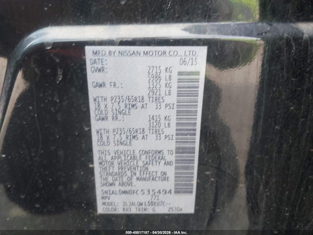 Aukcja sprzedaży 2015 Infiniti Qx60, vin: 5N1AL0MN0FC535494, numer aukcji: 45017187