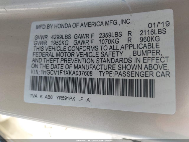 2019 Honda Accord Lx მანქანა იყიდება აუქციონზე, vin: 1HGCV1F1XKA037608, აუქციონის ნომერი: 45017189