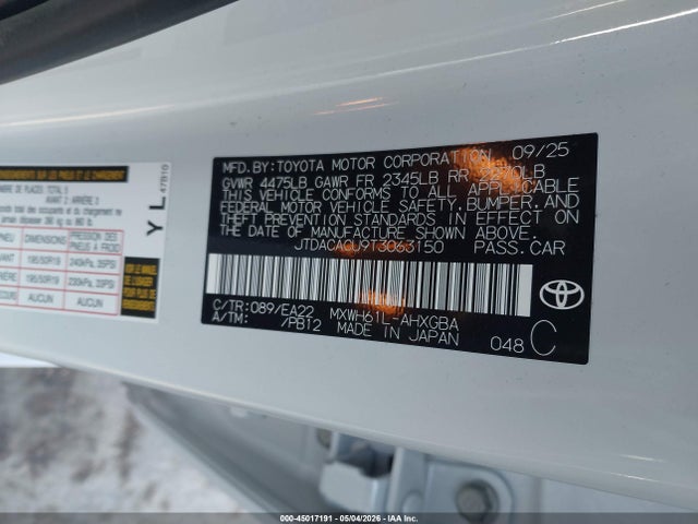 2026 Toyota Prius Plug-in Hybrid Xse მანქანა იყიდება აუქციონზე, vin: JTDACACU9T3063150, აუქციონის ნომერი: 45017191