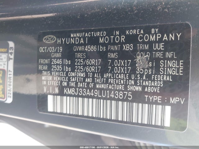Aukcja sprzedaży 2020 Hyundai Tucson Value, vin: KM8J33A49LU143875, numer aukcji: 45017198