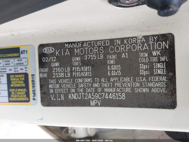 45017202 :رقم المزاد ، KNDJT2A59C7446158 vin ، 2012 Kia Soul مزاد بيع