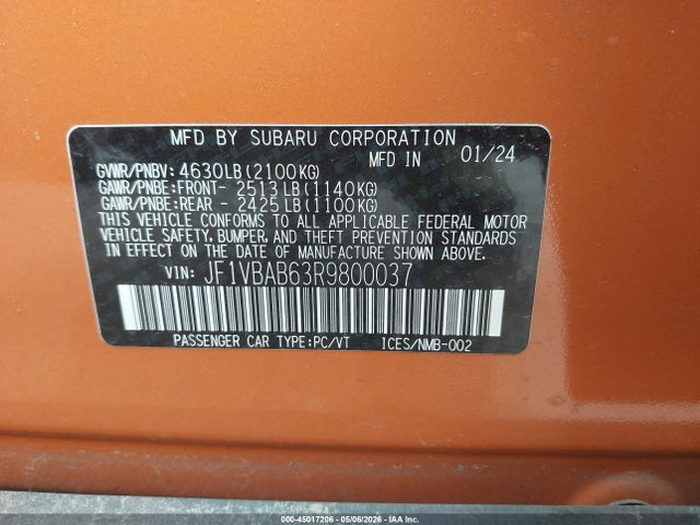 Aukcja sprzedaży 2024 Subaru Wrx, vin: JF1VBAB63R9800037, numer aukcji: 45017206
