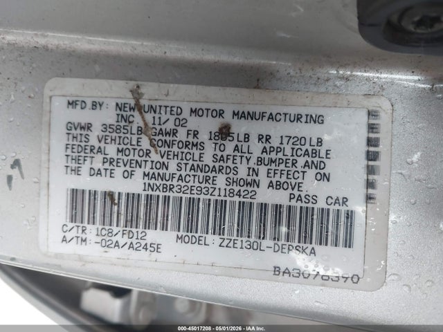 2003 Toyota Corolla S მანქანა იყიდება აუქციონზე, vin: 1NXBR32E93Z118422, აუქციონის ნომერი: 45017208