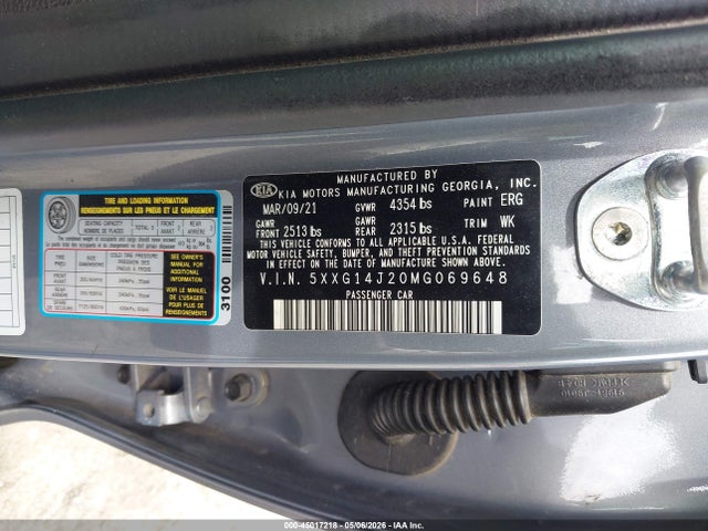 Aukcja sprzedaży 2021 Kia K5 Lxs, vin: 5XXG14J20MG069648, numer aukcji: 45017218