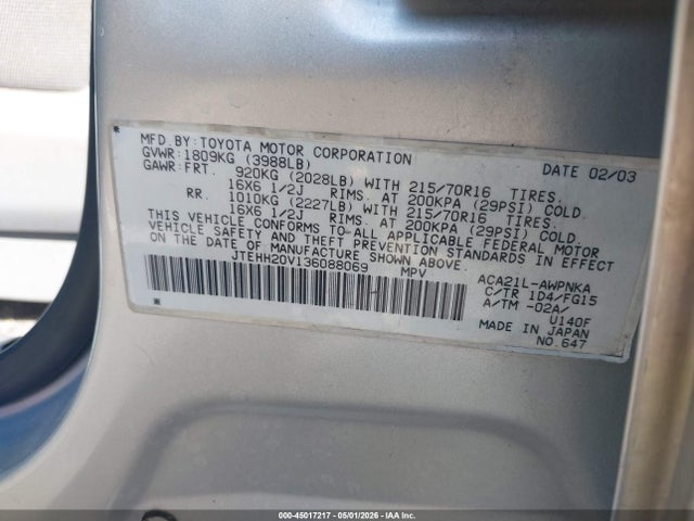 Aukcja sprzedaży 2003 Toyota Rav4, vin: JTEHH20V136088069, numer aukcji: 45017217