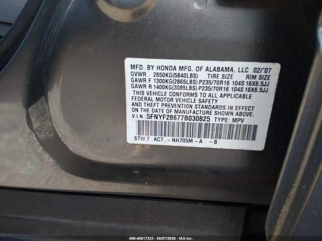 Aukcja sprzedaży 2007 Honda Pilot Ex-l, vin: 5FNYF28677B030825, numer aukcji: 45017222