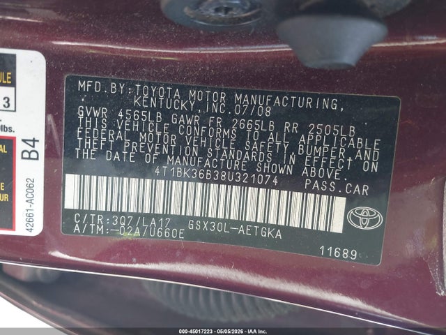 Продаж на аукціоні авто 2008 Toyota Avalon Xls, vin: 4T1BK36B38U321074, номер лоту: 45017223