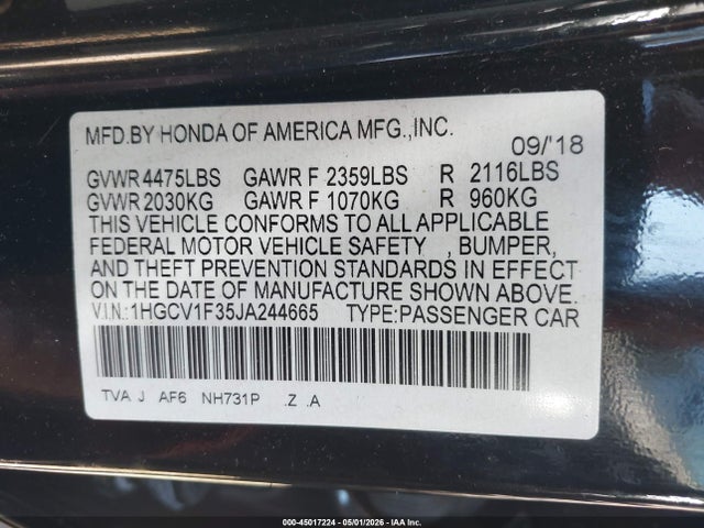 Aukcja sprzedaży 2018 Honda Accord Sport, vin: 1HGCV1F35JA244665, numer aukcji: 45017224