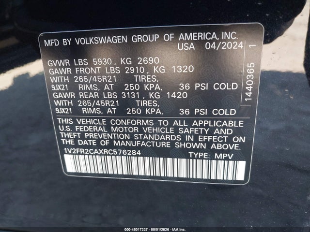 Aukcja sprzedaży 2024 Volkswagen Atlas 2.0t Sel Premium R-line, vin: 1V2FR2CAXRC576284, numer aukcji: 45017227