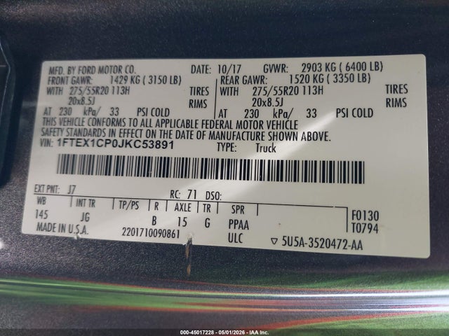 45017228 :رقم المزاد ، 1FTEX1CP0JKC53891 vin ، 2018 Ford F-150 Xl مزاد بيع