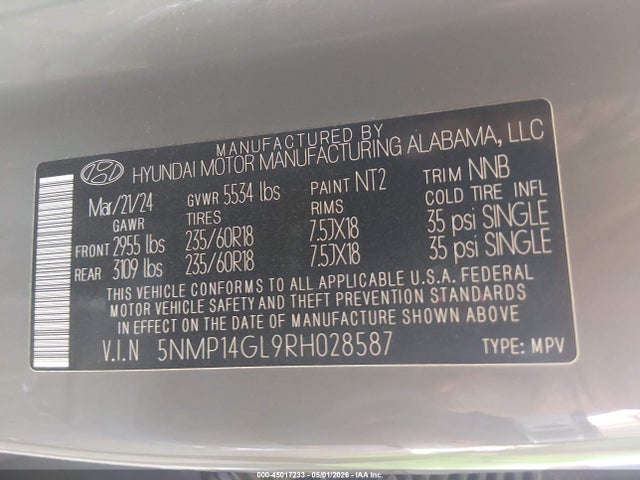 5NMP14GL9RH028587 Hyundai Santa Fe Se