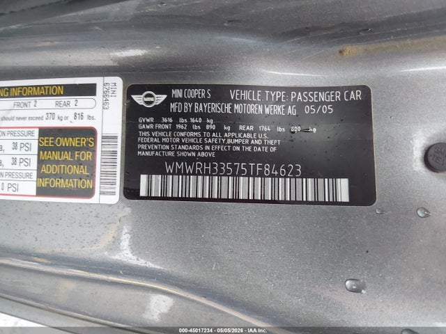2005 Mini Cooper S მანქანა იყიდება აუქციონზე, vin: WMWRH33575TF84623, აუქციონის ნომერი: 45017234