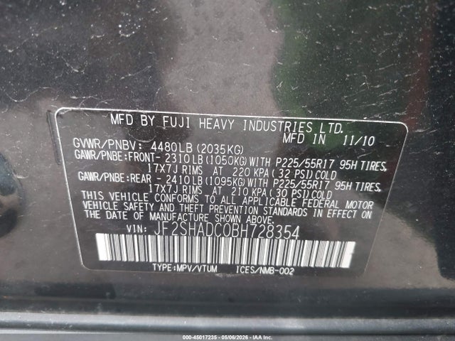 Продаж на аукціоні авто 2011 Subaru Forester 2.5x Premium, vin: JF2SHADC0BH728354, номер лоту: 45017235