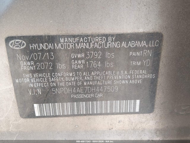 Продаж на аукціоні авто 2013 Hyundai Elantra Gls, vin: 5NPDH4AE7DH447509, номер лоту: 45017243