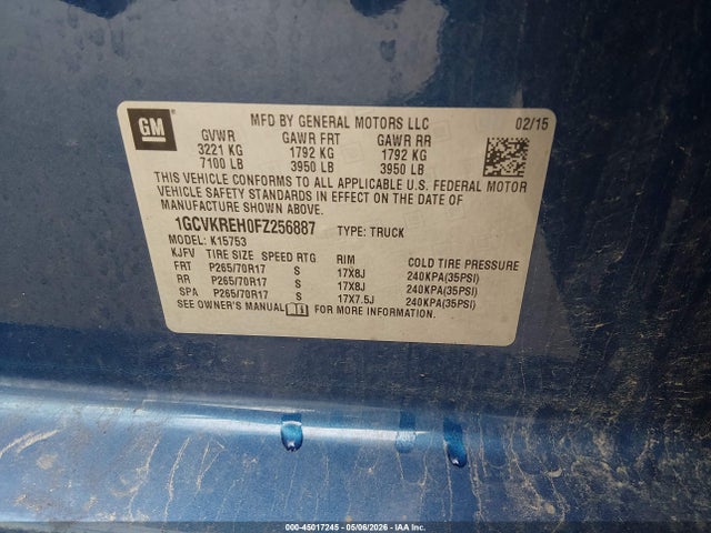 Aukcja sprzedaży 2015 Chevrolet Silverado 1500 1lt, vin: 1GCVKREH0FZ256887, numer aukcji: 45017245