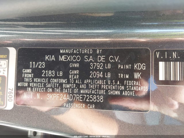 Aukcja sprzedaży 2024 Kia Forte Lx, vin: 3KPF24AD7RE725838, numer aukcji: 45017244