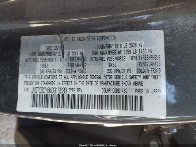 45017255 :رقم المزاد ، JM3TCBCY6K0319639 vin ، 2019 Mazda Cx-9 Touring مزاد بيع