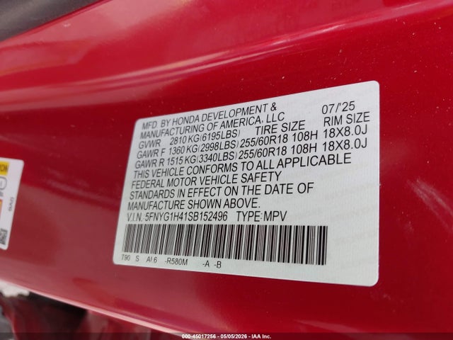 Aukcja sprzedaży 2025 Honda Pilot Ex-l, vin: 5FNYG1H41SB152496, numer aukcji: 45017256