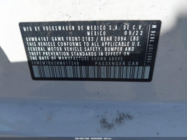 Продажа на аукционе авто 2022 Volkswagen Jetta 1.5t Se, vin: 3VWEM7BU3NM017248, номер лота: 45017260