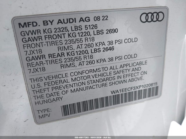 Продажа на аукционе авто 2023 Audi Q3 Premium Plus 45 Tfsi S Line Quattro Tiptronic, vin: WA1EECF3XP1020815, номер лота: 45017263