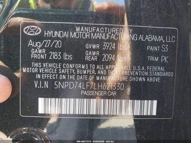 Aukcja sprzedaży 2020 Hyundai Elantra Se, vin: 5NPD74LF7LH621330, numer aukcji: 45017273