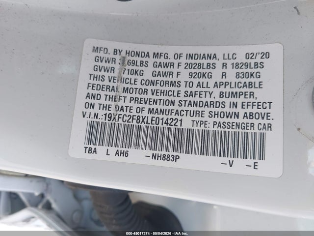 2020 Honda Civic Sport მანქანა იყიდება აუქციონზე, vin: 19XFC2F8XLE014221, აუქციონის ნომერი: 45017274