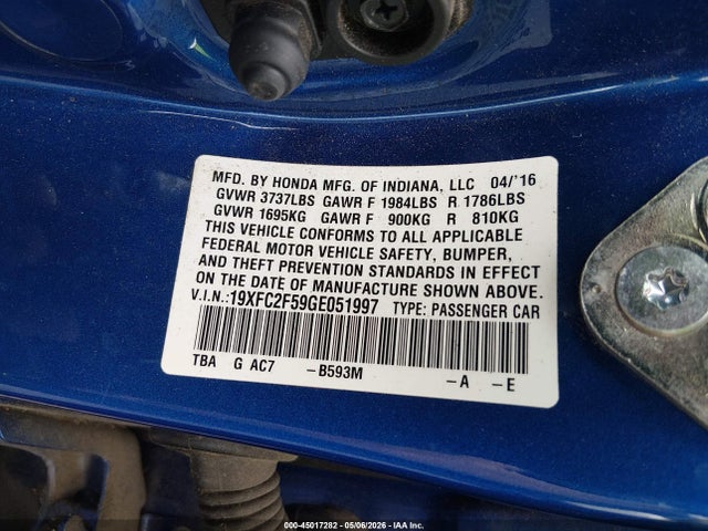 Продажа на аукционе авто 2016 Honda Civic Lx, vin: 19XFC2F59GE051997, номер лота: 45017282