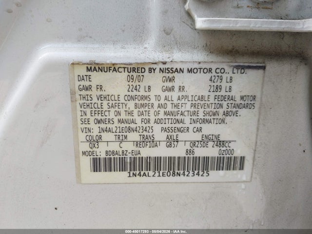 Aukcja sprzedaży 2008 Nissan Altima 2.5 S, vin: 1N4AL21E08N423425, numer aukcji: 45017293