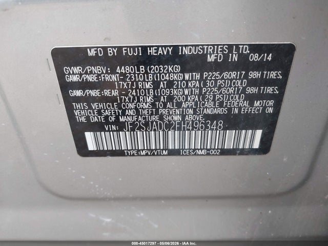Продажа на аукционе авто 2015 Subaru Forester 2.5i Premium, vin: JF2SJADC2FH496348, номер лота: 45017297