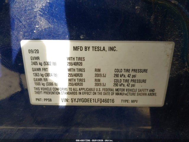 5YJYGDEE1LF046016 Tesla Model Y Long Range Dual Motor All-wheel Drive