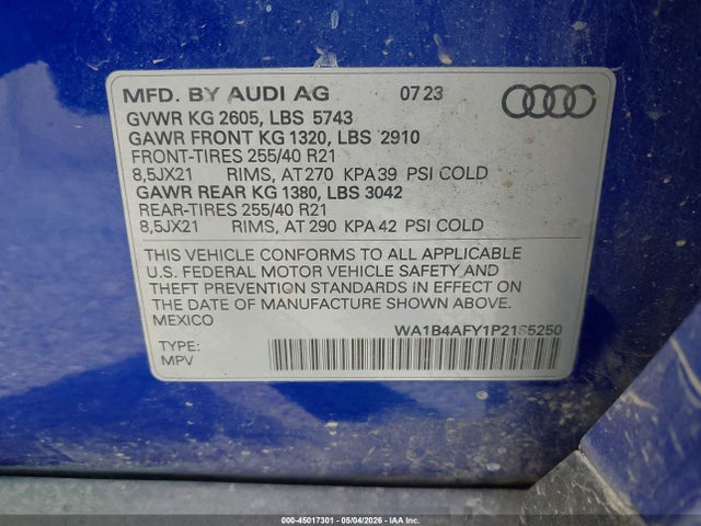 WA1B4AFY1P2185250 Audi Sq5 Premium Plus Tfsi Quattro Tiptronic