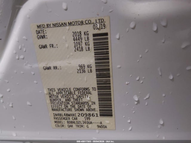 Aukcja sprzedaży 2019 Nissan Altima 2.5 S, vin: 1N4BL4BWXKC209861, numer aukcji: 45017303