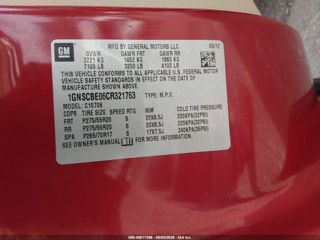 Продаж на аукціоні авто 2012 Chevrolet Tahoe Lt, vin: 1GNSCBE06CR321763, номер лоту: 45017306