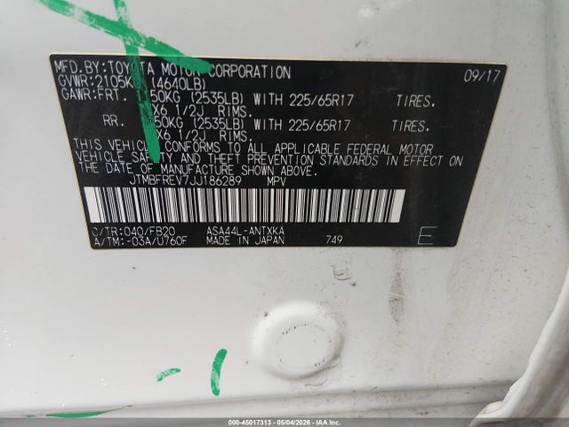 45017313 :رقم المزاد ، JTMBFREV7JJ186289 vin ، 2018 Toyota Rav4 Le مزاد بيع