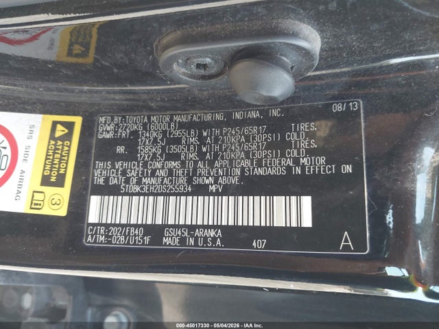 Продажа на аукционе авто 2013 Toyota Highlander Base V6, vin: 5TDBK3EH2DS255934, номер лота: 45017330