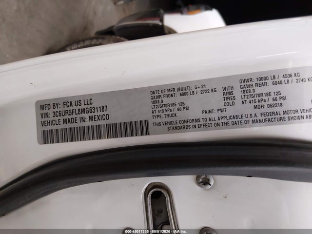 Aukcja sprzedaży 2021 Ram 2500 Laramie  4x4 6'4 Box, vin: 3C6UR5FL8MG631187, numer aukcji: 45017335