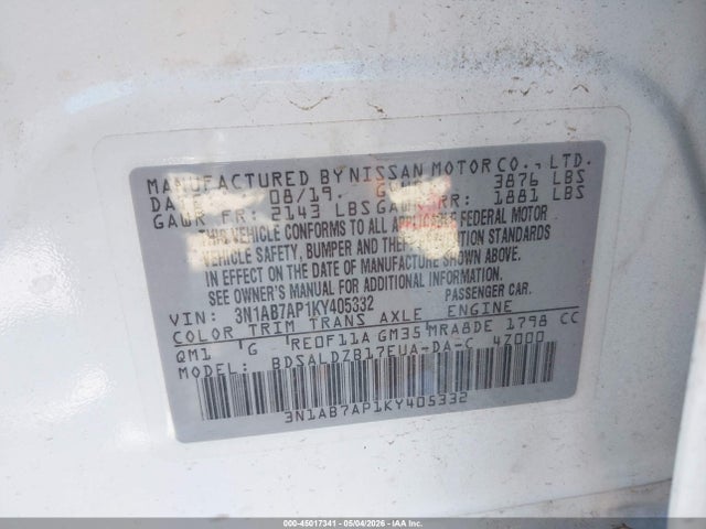 Aukcja sprzedaży 2019 Nissan Sentra Sv, vin: 3N1AB7AP1KY405332, numer aukcji: 45017341
