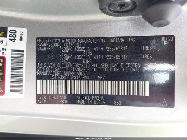 2023 Toyota Sienna Le მანქანა იყიდება აუქციონზე, vin: 5TDKRKEC6PS175910, აუქციონის ნომერი: 45017344