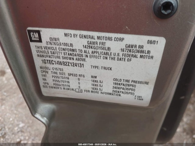 Aukcja sprzedaży 2002 Gmc Sierra 1500 Sl, vin: 1GTEC14W82Z124131, numer aukcji: 45017349