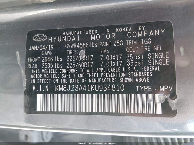 Aukcja sprzedaży 2019 Hyundai Tucson Se, vin: KM8J23A41KU934810, numer aukcji: 45017353