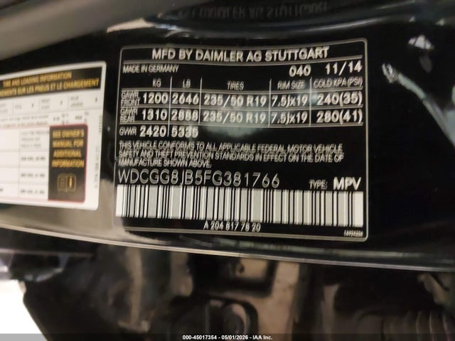 45017354 :رقم المزاد ، WDCGG8JB5FG381766 vin ، 2015 Mercedes-benz Glk 350 4matic مزاد بيع