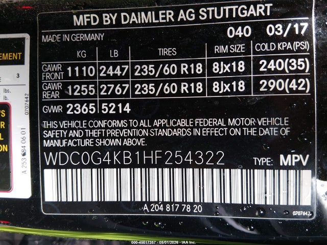 Aukcja sprzedaży 2017 Mercedes-benz Glc 300 4matic, vin: WDC0G4KB1HF254322, numer aukcji: 45017357