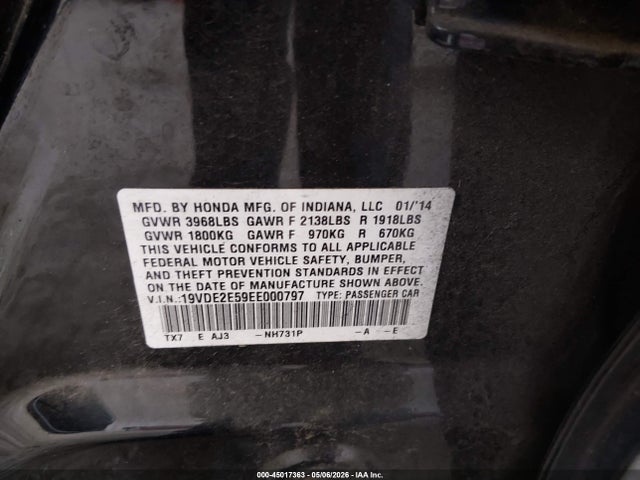 2014 Acura Ilx 2.4l მანქანა იყიდება აუქციონზე, vin: 19VDE2E59EE000797, აუქციონის ნომერი: 45017363