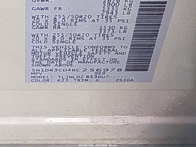 Aukcja sprzedaży 2024 Nissan Pathfinder Sl 4wd, vin: 5N1DR3CD4RC256978, numer aukcji: 45017369