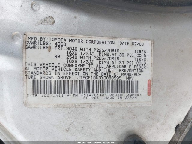 45017370 :رقم المزاد ، JT6GF10U3Y0080595 vin ، 2000 Lexus Rx 300 مزاد بيع