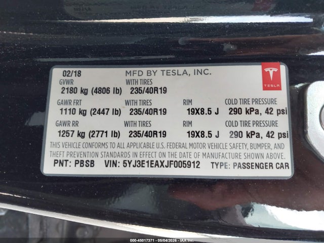 Tesla Model 3 Long Range/mid Range 2018 5YJ3E1EAXJF005912 Image 9
