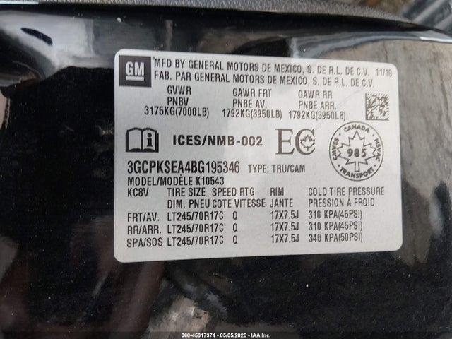 45017374 :رقم المزاد ، 3GCPKSEA4BG195346 vin ، 2011 Chevrolet Silverado 1500 Lt مزاد بيع