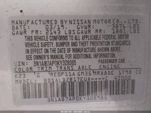 Nissan SENTRA SV 2019 3N1AB7AP0KY328985 Image 9