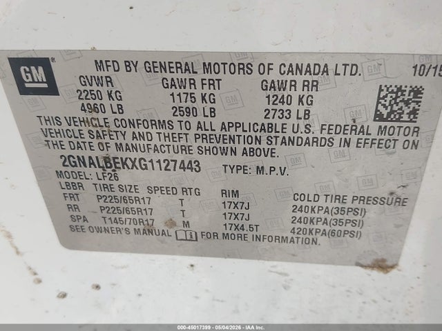 Auction sale of the 2016 Chevrolet Equinox Ls, vin: 2GNALBEKXG1127443, lot number: 45017399