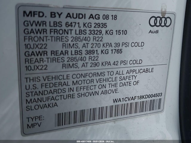Aukcja sprzedaży 2019 Audi Q8 55 Premium, vin: WA1CVAF18KD004503, numer aukcji: 45017409